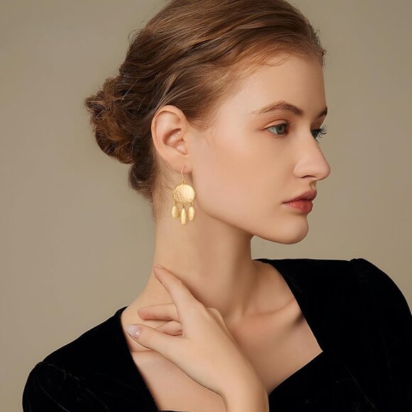 14K D Gold Pleated Boho Hammered Statement Finish Dangle Drop Earring for Women - Picture 4 of 6